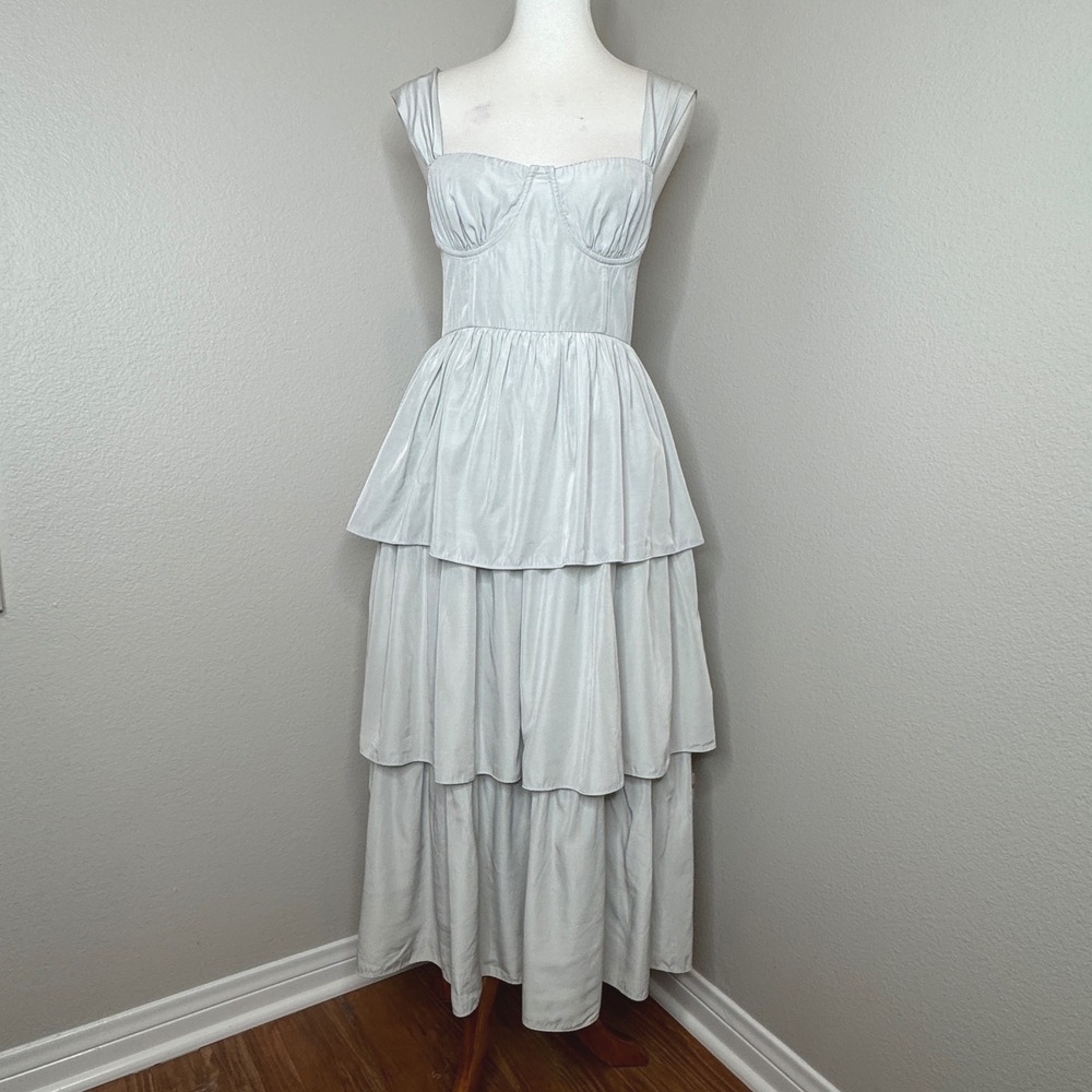 WE WORE WHAT Corset Tiered Midi Dress Sz‎ 6-8 Ruffle Lt Gray Cottage Prairie